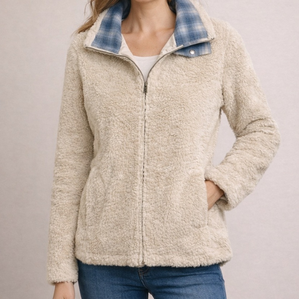 Pendleton Sherpa Fleece Full-Zip Jacket Women’s L Cream Plaid Lined Cozy Teddy